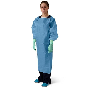 Medline Protective Poly Coated Overhead Isolation Gown - Protective Poly-Coated Blue Overhead Isolation Gown with Knit Cuffs, L - NON26278