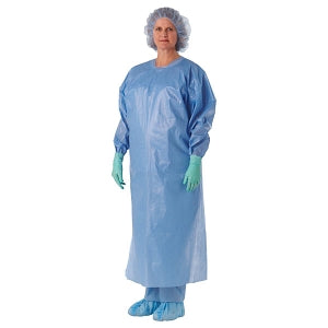 Medline Medium-Weight Coated Polypropylene Isolation Gowns - PE-Coated Polypropylene Over-the-Head Isolation Gowns with Open Back and Knit Cuffs, Blue, Size Regular / Large - NON27279