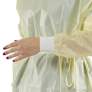 Medline Knit-Cuff, Coated, Over-Head, Full-Back Gown - Poly Coated Overhead Isolation Gown with Full Back and Knit Cuffs, Yellow, Size XL - NON27340XL