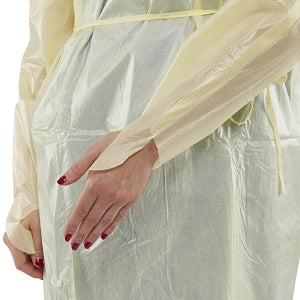 Medline Over-Head Full-Back Poly Coated Isolation Gowns - Poly-Coated Overhead Isolation Gown with Full Back and Thumb Loop Wrists, Yellow, Size Regular - NON27360