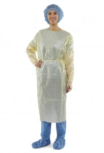 Medline Over-Head Full-Back Poly Coated Isolation Gowns - Poly-Coated Overhead Isolation Gown with Full Back and Thumb Loop Wrists, Yellow, Size Regular - NON27360