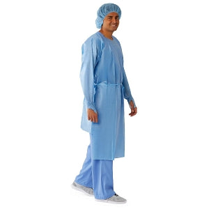 Medline Over-Head Full-Back Poly Coated Isolation Gowns - Poly-Coated Overhead Isolation Gown with Full Back and Thumb Loop Wrists, Blue, Size XL - NON27380XL