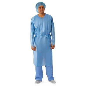 Medline Over-Head Full-Back Poly Coated Isolation Gowns - Poly-Coated Overhead Isolation Gown with Full Back and Thumb Loop Wrists, Blue, Size XL - NON27380XL