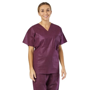 Medline Disposable Scrub Tops - Disposable Unisex Scrub Shirt with V-Neck, Size L, Wine - NON37202L