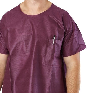 Medline Disposable Scrub Tops - Disposable Unisex Scrub Shirt with Round Neck, Size L, Wine - NON37212L