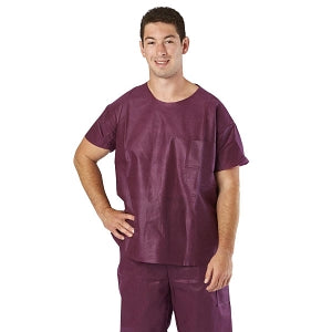 Medline Disposable Scrub Tops - Disposable Unisex Scrub Shirt with Round Neck, Size L, Wine - NON37212L