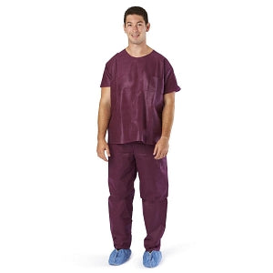 Medline Disposable Scrub Tops - Disposable Unisex Scrub Shirt with Round Neck, Size S, Wine - NON37212S