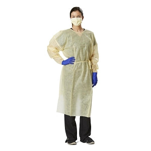 Medline QuickComply AAMI Level 1 Isolation Gowns - Medium-Weight Overhead AAMI Level 1 Isolation Gown with Side Ties, Yellow, Size Regular - NONLV140