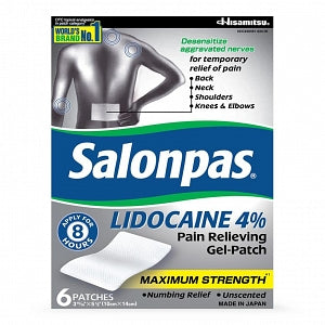 Hisamitsu Salonpas Lidocaine Pain Relieving Gel Patch - Salonpas Lidocaine 4% Pain Relieving Patch, 6/Box, 36 Boxes / Case - 46581-0830-06