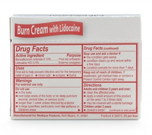 Medique Products Burn Cream with Lidocaine - BURN CREAM W/LIDO 0.9G PK 25/BX - 26073