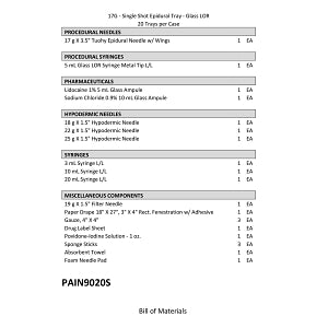 Medline Single Shot Epidural Trays with Pharmaceuticals - Single-Shot Epidural Tray, 17 G X 3.5" Tuohy Needle, Glass LOR Syringes: Syringe, with Pharmaceuticals - PAIN9020S