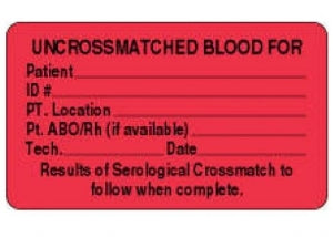 PDC Healthcare Lab Communication Labels - Uncrossed Matched Blood Label, 3" x 1-3/4", Red - 59702069