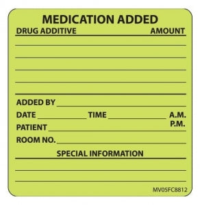 PDC Healthcare Medication Labels - "Medication Added" Paper Label, Chartreuse - MV05FC8812