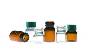 Qorpak Amber Compound Vials - Amber Borosilicate Glass Sample Vial with Green Thermoset F217 and PTFE Lined Cap, 0.33 dr., 13-425 Neck Finish - GLC-08767