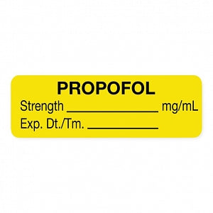 United Ad Label Co. Drug Tape / Labels - Propofol Label, Strength (mg / mL), Expiration Date / Time, Yellow, 1-1/2" x 1/2", Permanent, 610 Labels / Roll - ULAL006