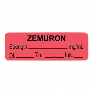 United Ad Label Co. Drug Tape / Labels - Zemuron Label, Strength (mg / mL), Date, Time, Initial, Red, 1-1/2" x 1/2", Permanent, 1000 Labels / Roll - ULAL035-D