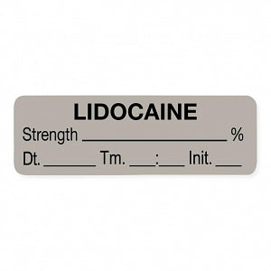 United Ad Label Co. Drug Tape / Labels - Lidocaine Label, Strength (%), Date, Time, Initial, Gray, 1-1/2" x 1/2", Permanent, 1000 Labels / Roll - ULAL075-D