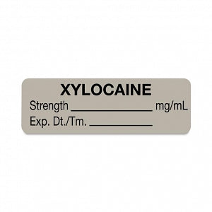 United Ad Label Co. Drug Tape / Labels - Xylocaine Label, Strength (mg / mL), Expiration Date / Time, Gray, 1-1/2" x 1/2", Permanent, 610 Labels / Roll - ULAM420