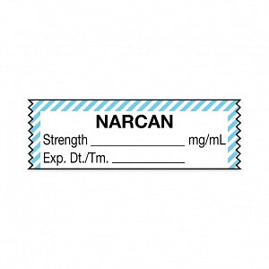 United Ad Label Co. Drug Tape / Labels - Narcan Label Tape, Strength (mg / mL), Expiration Date / Time, Light Blue / White Stripe, 1-1/2" x 1/2", Removable, 500"/Roll - ULTA025