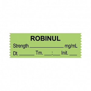 United Ad Label Co. Drug Tape / Labels - Robinul Label Tape, Strength (mg / mL), Date, Time, Initial, Green, 1-1/2" x 1/2", Removable, 500"/Roll - ULTJ079-D