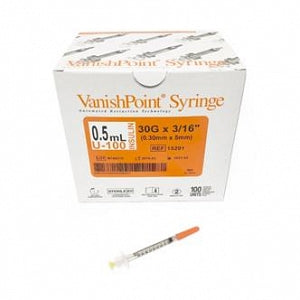 Retractable Technologies VanishPoint Syringes - VanishPoint Insulin Syringe with Retractable Hypodermic Needle, 1/2 mL, 30G x 3/16" - 15291