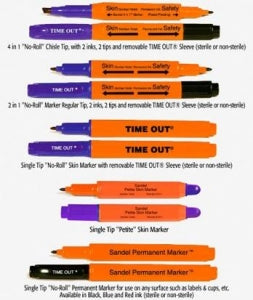 Ansell Sandel 2-in-1 and 4-in-1 Time Out Skin Markers - Time Out 4-in-1 Dual Tip / Dual Ink Surgical Skin / Permanent Marker with Chiseled Tip, Time Out Sleeve and Flexible Ruler, Sterile - 1041