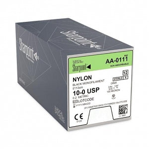 Surgical Specialties Sharpoint Microsutures Nylon Sutures - Nylon Monofilament Black Nonabsorbable Suture with 5 mm 3/8 Circle M. E.T. DRM-5 Needle, 13 cm Long, Size 10-0 - AA-0111