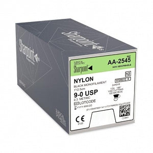 Surgical Specialties Sharpoint Microsutures Nylon Sutures - Nylon Black Monofilament Nonabsorbable Double-Armed Suture with 6 mm 1/2 Circle Vas Cutting HSV-6 Needle, 2.5 cm Long, Size 9-0 - AA-2545