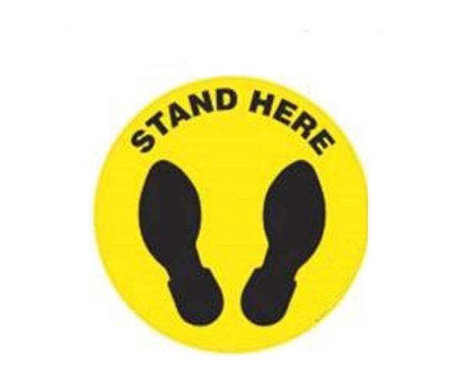 Ergomat COVID-19 Social Distancing Safety Signs and Strips - "Stand Here" Safety Sign, Round Yellow, 12" - DSV-SIGN 144-SD-N