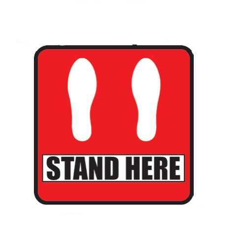 Ergomat COVID-19 Social Distancing Safety Signs and Strips - "Stand Here" Safety Sign, Square Red, 6" - DSV-SIGN 36-SD-J