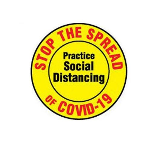 Ergomat COVID-19 Social Distancing Safety Signs and Strips - "Stop the Spread of COVID-19/Practice Social Distancing" Safety Sign, Round Yellow, 4" - DSV-SIGN 16-SD-F