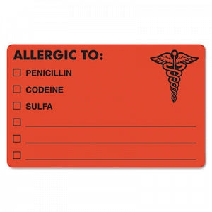 Tabbies Allergy Labels - Drug Allergy Medical Warning Labels, Orange, 2-1/2" x 4", 100/Roll - 00488