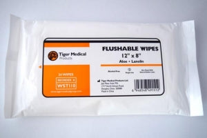 Tiger Medical Flushable Wipes - Aloe and Lanolin Flushable Wipe, 12" x 8" - WST110