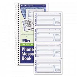 Tops Business Forms Spiral Bound Message Books - 2-Part Carbonless Spiral Bound Message Book, 4 Messages / Page, 600/Book, Message Size 5" x 2-3/4" - 4008