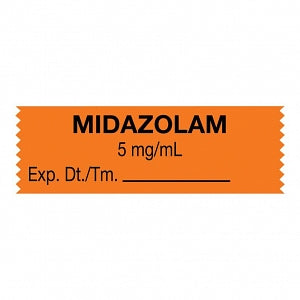 United Ad Label Co. Drug Tape / Labels - Midazolam Label Tape, 5 mg / mL, Expiration Date / Time, Orange, 1-1/2" x 1/2", Removable, 500"/Roll - ULTJ1506