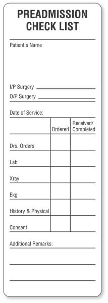 Medical Use Labels - Pre-Admission Checklist Label, 6" x 2"