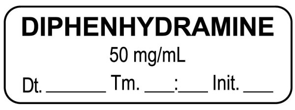 Medical Use Labels - Anesthesia Label, Diphenhydramine 50 mg/mL Date Time Initial, 1-1/2" x 1/2"