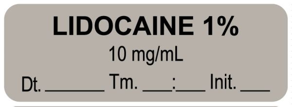 Medical Use Labels - Anesthesia Label, Lidocaine 1% 10 mg/mL Date Time Initial, 1-1/2" x 1/2"