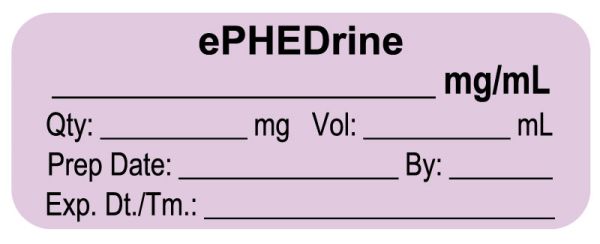 Medical Use Labels - Anesthesia Label, ePHEDrine mg/mL, 2" x 3/4"