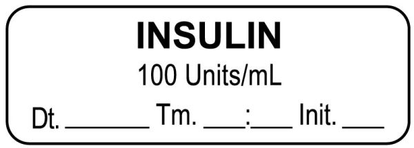 Medical Use Labels - Anesthesia Label, Insulin 100 Units/mL Date Time Initial, 1-1/2" x 1/2"