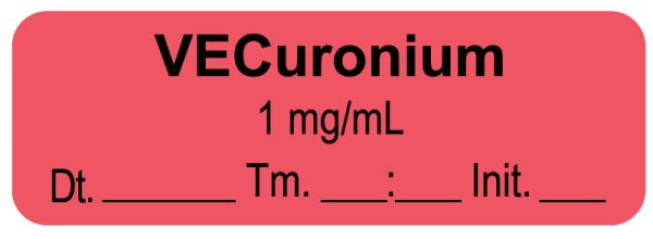 Medical Use Labels - Anesthesia Label, Vecuronium 1mg/mL Date Time Initial, 1-1/2" x 1/2"