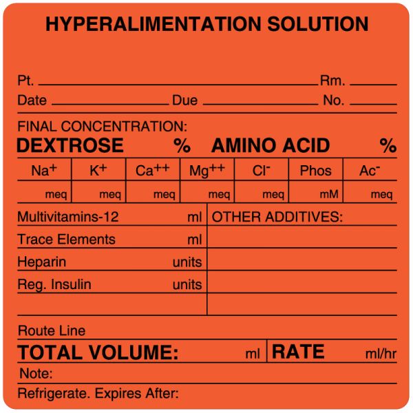 Medical Use Labels - Hyperalimentation Solution Label, 4" x 4"