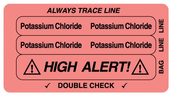 Medical Use Labels - POTASSIUM CHLORIDE, Piggyback Line Identification Label, 3-1/4" x 1-3/4"