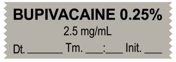 Medical Use Labels - Anesthesia Tape, Bupivacaine 0.25% 2.5 mg/mL, Date Time Initial, 1-1/2" x 1/2"