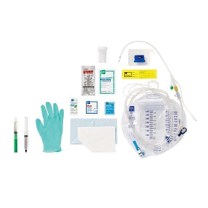 Medline Temperature-Sensing 100% Silicone 1-Layer Foley Catheter Tray - Total One-Layer Tray with 400 mL Urine Meter with 2, 500 mL Drain Bag, 100% Temperature-Sensing Silicone Foley Catheter, 14 Fr, 10 mL, Peri Wipe, Vented Tubing - URO180814T