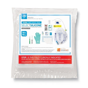 Medline 100% Silicone 1-Layer Foley Catheter Tray with Urine Meter - Total One-Layer Tray with 400 mL Urine Meter with 2, 500 mL Drain Bag, 100% Silicone Foley Catheter, 14 Fr, 10 mL, Peri Wipe, Vented Tubing - URO180814