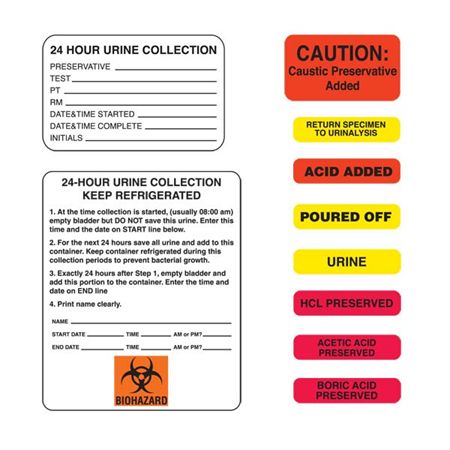 Urine Collection Labels 24-HOUR URINE COLLECTION KEEP REFRIGERATED" - White with black text, blank areas to be filled in, and biohazard symbol - 3"W x 3.625"H