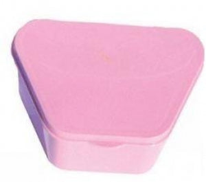 Medegen Medical Products Denture Cups - Denture Cup with Hinged Lid, Pink, 2" x 4" x 3" - H980-91