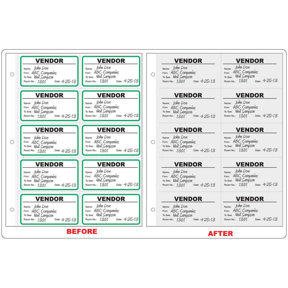 Visitor Pass Form With Record Log Paper Removable Vendor Name 2 3 9/16" X 1 7/8" White With Green 10 Per Sheet, 100 Sheets Per Package