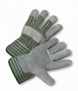 West Chester 500-A Heavy Select Cowhide Leather Palm Gloves - Gunn Pattern Cowhide Protective Gloves with Green / Pink Striped Canvas Back, 2-1/2" Rubberized Safety Cuff, Leather Fingertips and Knuckle Strap, Size L - 500-A/L